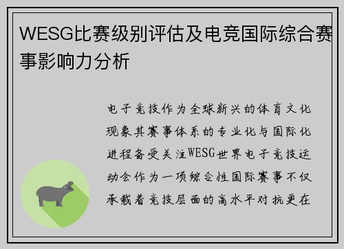 WESG比赛级别评估及电竞国际综合赛事影响力分析