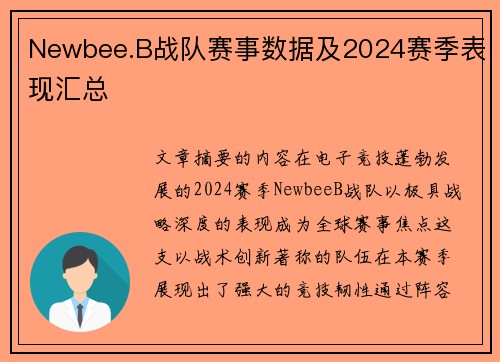 Newbee.B战队赛事数据及2024赛季表现汇总