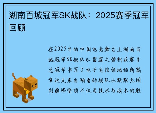 湖南百城冠军SK战队：2025赛季冠军回顾